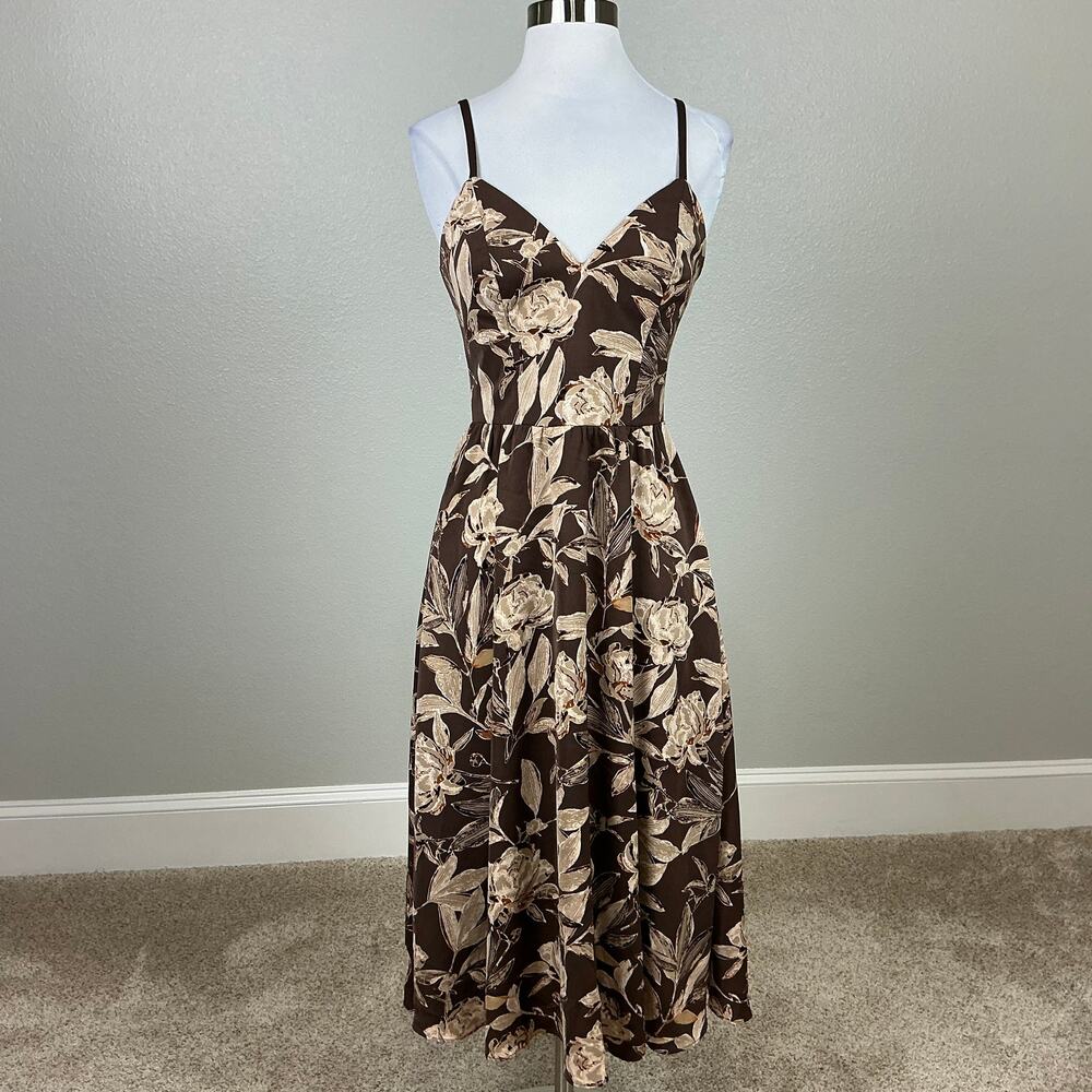 Dress the Population Women's Cocktail Dress Size XS Brown Floral A-Line Midi - Picture 2 of 12